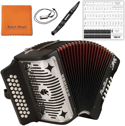 Hohner Panther G/C/F 3-Row Diatonic Accordion 3100GB - Black Bundle with Hohner Strap, Mini Harmonica, Juliet Music Polish Cloth & Piano Key Stickers