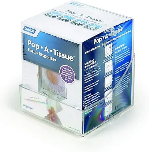 Camco Pop-A-Tissue- Tissue Box Holder- Mounts to Walls and Cabinets, Dispenses Tissue and Holds Tissue Boxes Upward or Downward- Perfect for RVs and Trailers, Easy Install - Clear (57101)