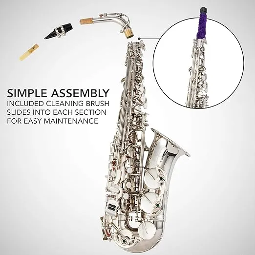 Alto Saxophone E Flat Brass Sax Kit, Professional Sound, Complete Accessories, Ideal for All Players, Includes Hard Case, 10 Extra Reeds, Strap, Gloves, Cleaning Kit & More, Nickel Finish