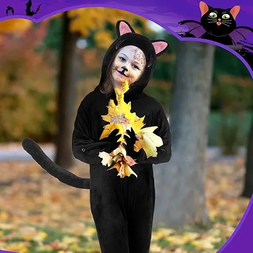 Jeyiour Black Cat Costume for Kids Black Cat Jumpsuit Costume Girls Leopard Cat Animals Jumpsuit Halloween Black Cat Costume (Black Cat,Medium)