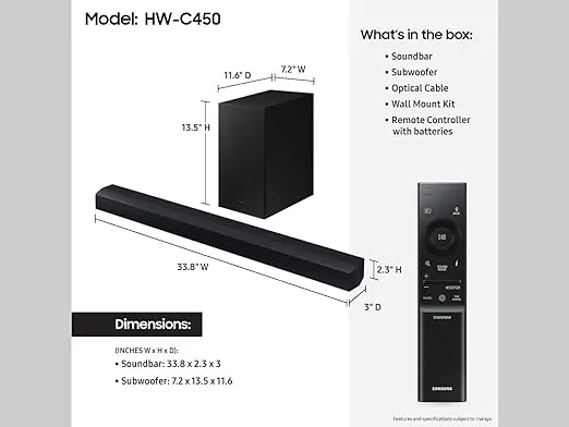 SAMSUNG HW-C450 2.1ch Soundbar w/DTS Virtual X, Subwoofer Included, Bass Boost, Adaptive Sound Lite, Game Mode, Bluetooth, Wireless Surround Sound Compatible