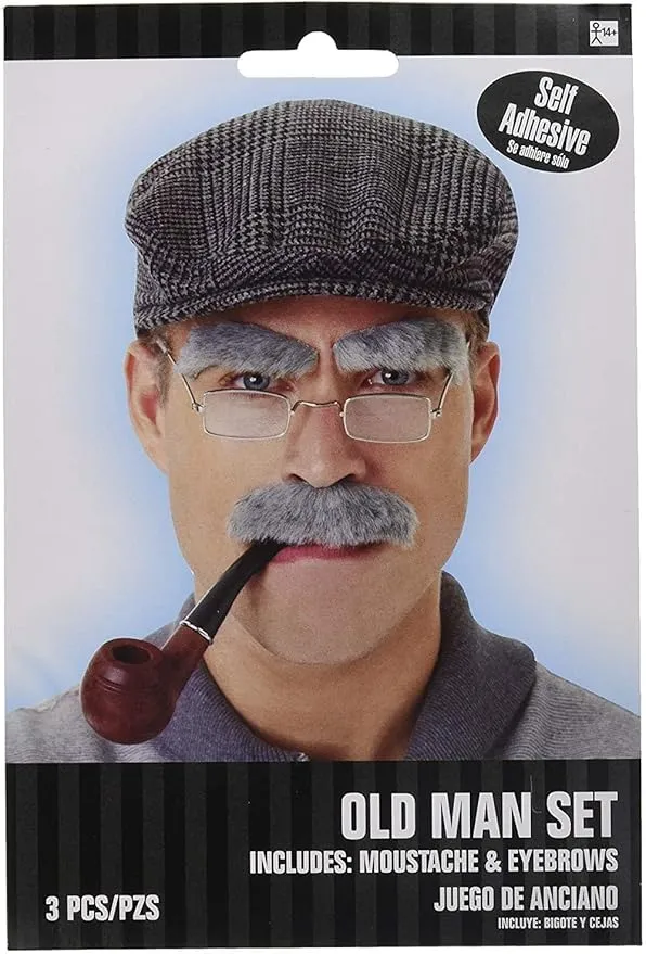 Gray Old Man Moustache & Eyebrows - 1 Set, Fits Most Teens and Adults - Perfect for Wacky Parties & Stage Performances