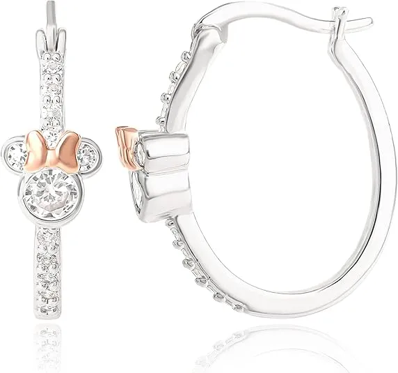 Disney Women's Minnie Mouse Hoop and Stud Earring Set Collection – Silver Plated and 18k Pink Flash-Plated with Cubic Zirconia, Officially Licensed
