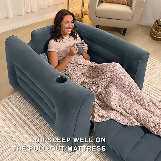 Intex 66551EP Inflatable Pull-Out Chair: Built-in Cupholder – Velvety Surface – 2-in-1 Valve – Folds Compactly – 80" x 91" x 26"