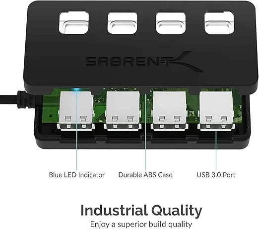 SABRENT 4 Port USB 3.0 Hub with Individual LED Lit Power Switches, Includes 5V/2.5A Power Adapter (HB-UMP3)