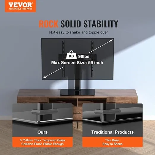 VEVOR TV Stand Mount, Swivel Universal TV Stand for 32 to 55 inch TVs, Height Adjustable Portable Floor TV Stand with Tempered Glass Base for Bedroom, Living Room