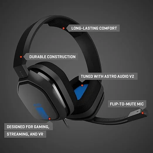 ASTRO Gaming A10 Wired Gaming Headset, Lightweight and Damage Resistant, ASTRO, 3.5 mm Audio Jack, for Xbox Series X|S, Xbox One, PS5, PS4, Nintendo Switch, PC, Mac- Black/Blue