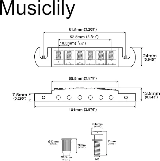 Musiclily Pro 52.5mm (2-1/16 inch) Pigtail Style Adjustable Wraparound Bridge Tailpiece for Epiphone Les Paul SG Style Electric Guitar, Nickel