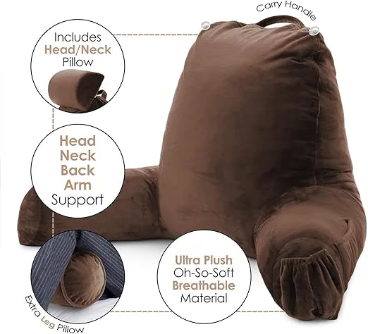 Clara Clark Reading Pillow, Back Rest Pillow for Sitting in Bed with Arms for Kids & Adults - Premium Shredded Memory Foam TV Sit Up Pillow - Large, Brown