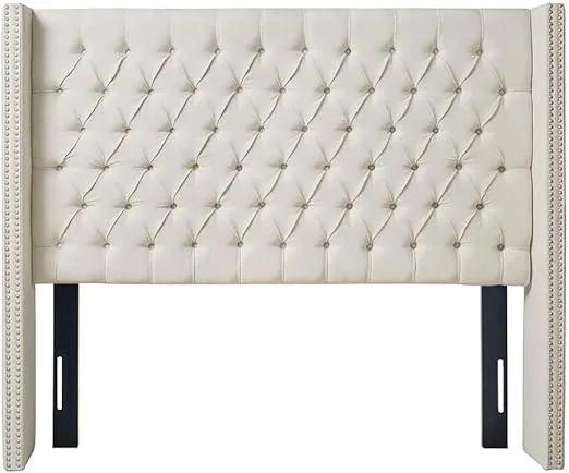 Madison Park Amelia Upholstered Headboard | Nail Head Trim Wingback Button Tufted | Queen, Cream