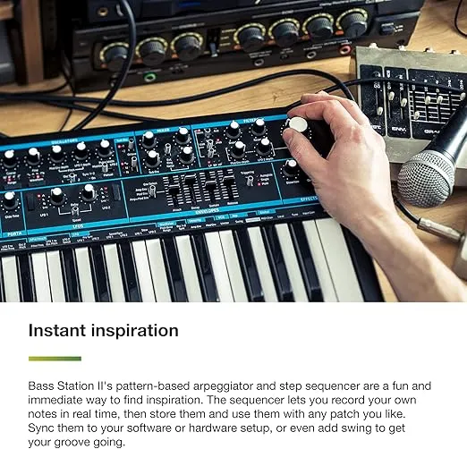 Novation Bass Station II Analog Monosynth – includes 64 factory patches, pattern-based step sequencer and arpeggiator, two oscillators plus an additional sub oscillator.