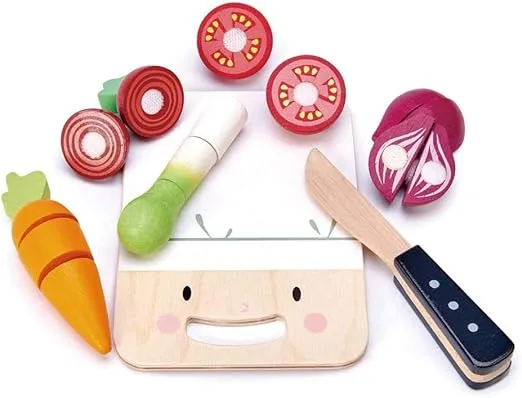 Tender Leaf Toys - Mini Chef Chopping Board - 16 Pcs Wooden Cutting Vegetable Toys with Knife - Accessories for Play Kitchen with Drawstring Bag - Develops Fine Motor Skills for Kids - Age 3+