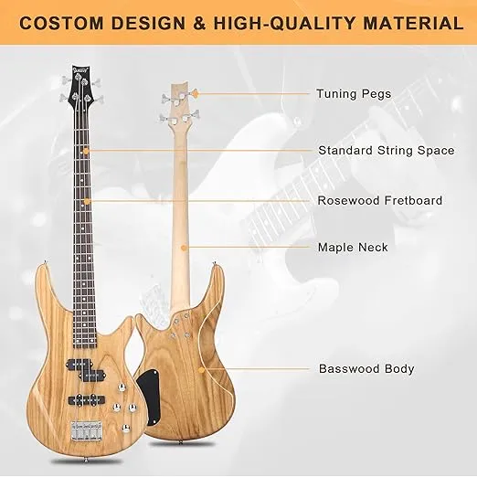 GLARRY Electric Bass Guitar Full Size 4 String Exquisite Stylish Bass with Power Line, Bag and Wrench Tool (Natural Wood)