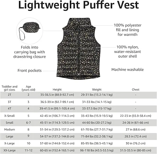 Amazon Essentials Girls and Toddlers' Lightweight Water-Resistant Packable Puffer Vest