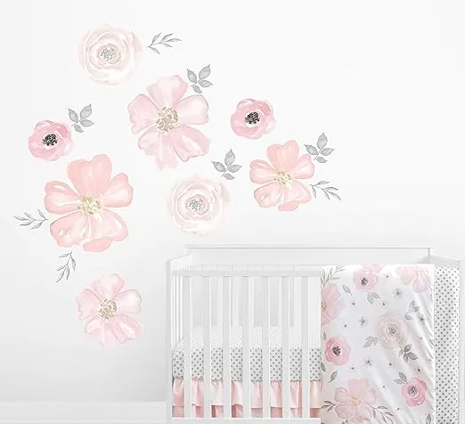 Sweet Jojo Designs Blush Pink, Grey and White Large Peel and Stick Wall Mural Decal Stickers Art Nursery Decor for Watercolor Floral Collection - Set of 2 Sheets