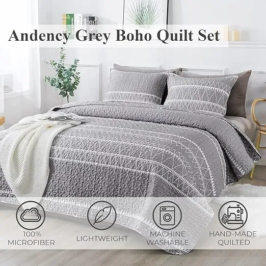 Andency Grey Queen Quilt Bedding Set, 3 Pieces (1 Striped Boho Printed Quilt 90x96 Inch and 2 Pillowcases), Bohemian Summer Lightweight Reversible Microfiber Bedspread Coverlet Sets