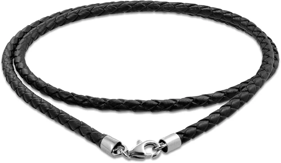 Unisex Genuine Brown Black Leather Braided Rope Weave Necklace Pendant Cord for Women Teens Men .925 Sterling Silver 14 16 18 20 24 Inch Length