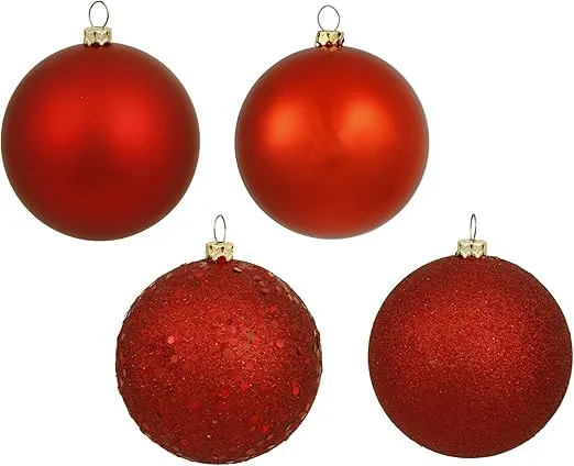 Vickerman 6" Red 4-Finish Shatterproof Ball Ornament Set of 4 Ornaments - Featuring Matte, Sequin, Shiny and Glitter Finishes Ornaments - Holiday Decor