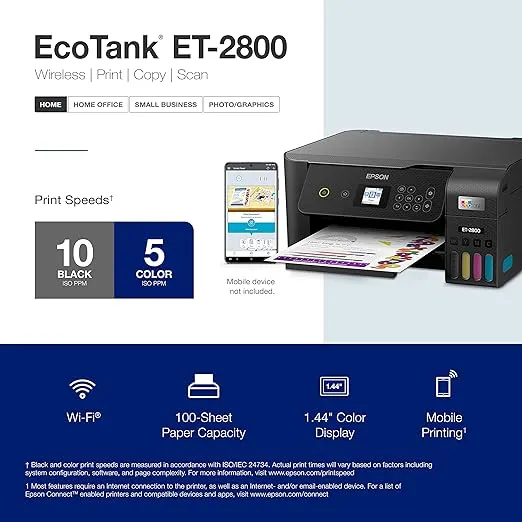 Epson EcoTank ET-2800 Wireless Color All-in-One Cartridge-Free Supertank Printer with Scan and Copy â€“ The Ideal Basic Home Printer - Black, Medium