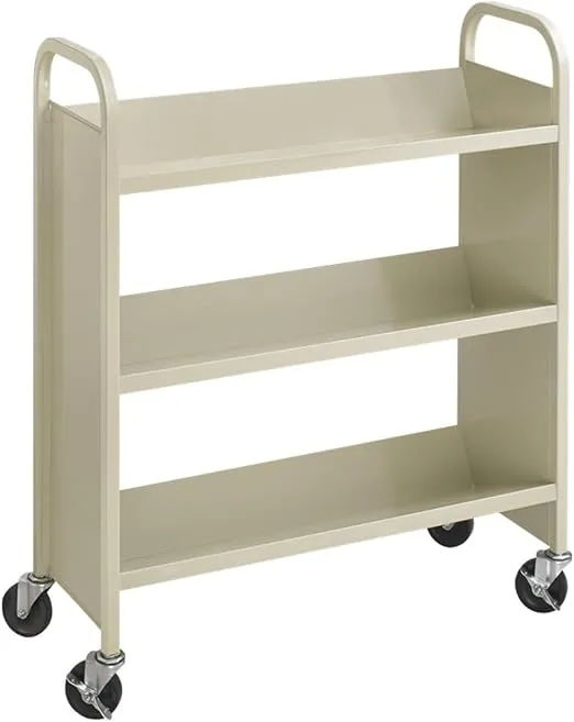 Safco Products Single-Sided Library Book Cart 5358SA Sand, Heavy Duty, Swivel Wheels, 3 Slanted Shelves