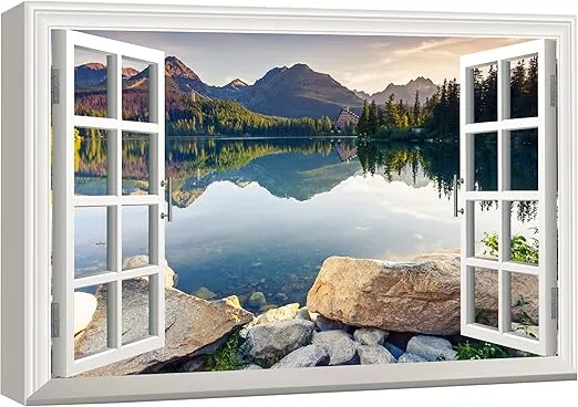 wall26 Canvas Print Wall Art Window View to Mountain Range & Forest Lake Nature Wilderness Photography Realism Rustic Landscape Colorful Multicolor Ultra for Living Room, Bedroom, Office - 16"x24"