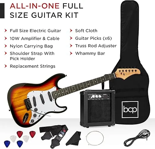 Best Choice Products 39in Full Size Beginner Electric Guitar Starter Kit w/Case, Strap, 10W Amp, Strings, Pick, Tremolo Bar - 3 Color Sunburst