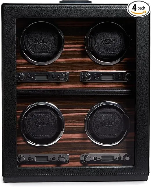 WOLF Roadster 4-Piece Watch Winder with Glass Cover, Black - Secure Fit with Patented Lock-In Dynamic Cuff - Accommodates All Wrist Sizes - Vegan Leather - Includes Universal Adapter