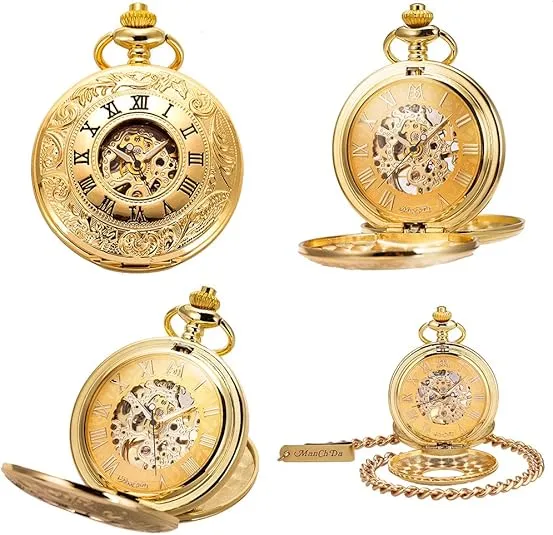 ManChDa Mechanical Roman Numerals Dial Skeleton Pocket Watches with Box and Chains for Mens Women