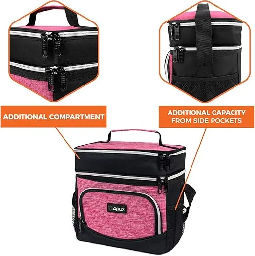 OPUX Insulated Dual Compartment Lunch Box for Women | Leakproof Double Deck Lunch Bag Work Office | Soft Cooler Tote Shoulder Strap Adult | Reusable Thermal Lunch Pail Kit 12 Can, Pink