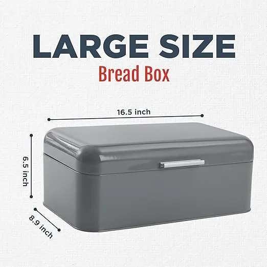 Culinary Couture Extra Large Dark Gray Bread Box for Kitchen Countertop - Holds 2 Bread Loaves! - 16.5" x 9" x 6.5" - Stainless Steel Vintage Bread Boxes for Kitchen Counters