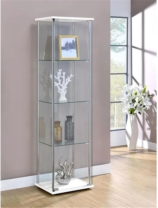 Coaster Home Furnishings Rectangular 4-Shelf Clear Curio Cabinet, 63.75" H x 14.25" W x 16.75" D, White, Chrome, 951072