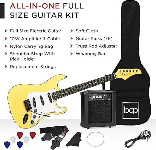 Best Choice Products 39in Full Size Beginner Electric Guitar Starter Kit w/Case, Strap, 10W Amp, Strings, Pick, Tremolo Bar - Yellow