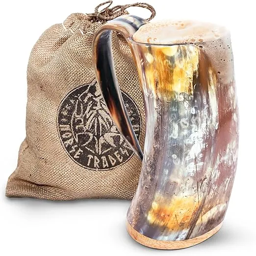 Norse Tradesman Original XL Viking Drinking Horn Mug - 100% Authentic Beer Horn Tankard With Natural Surface & Burlap Gift Sack | The Original, Low Polish, approx. 30 oz