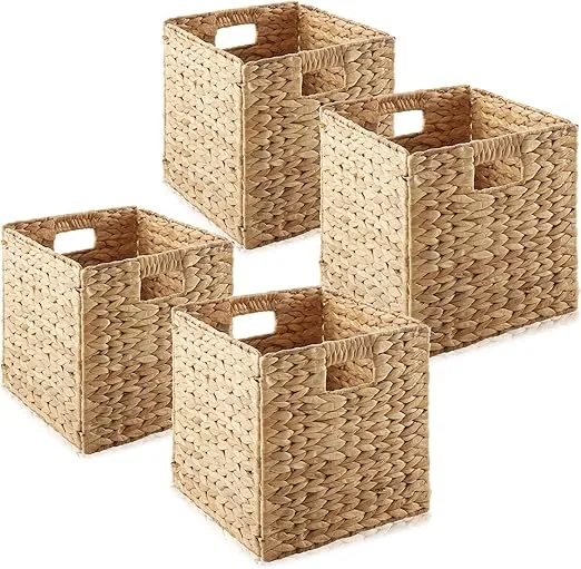 Casafield 10.5" x 10.5" Water Hyacinth Storage Baskets, Natural - Set of 4 Collapsible Cube Organizers, Woven Bins for Bathroom, Bedroom, Laundry, Pantry, Shelves