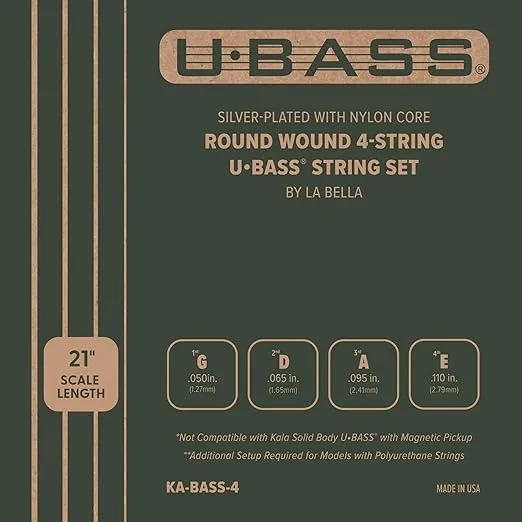 Silver-Plated Nylon Core Round Wound U•BASS® 4-String Set by Kala, Warm Booming Tone, Lower Tension for Smooth Playability, Not for Solid Body