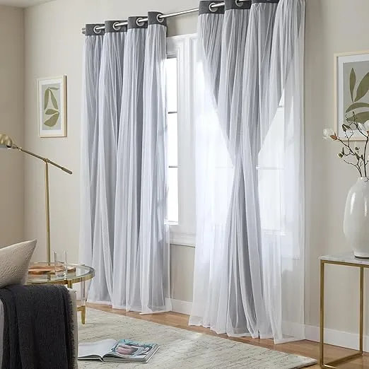 TOWN & COUNTRY LUXE Exclusive Home Catarina Layered Solid Room Darkening Blackout and Sheer Grommet Top Curtain Panel Pair, 52x84, Black Pearl 2 Count