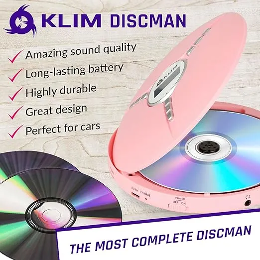 KLIM Discman Portable CD Player with a Built-in Battery - New 2024 - Ideal Car CD Player with Earphones - Compatible CD-R CD-RW MP3 Compact Mini CD Players Personal CD Walkman - Pink