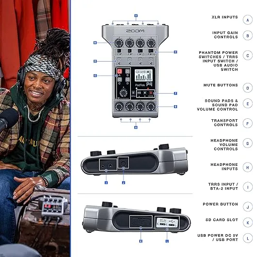 Zoom PodTrak P4 Portable Multitrack Podcast Recorder + 64GB Ultra SDXC Memory Card + 4X AA Batteries & Charger + Cleaning Cloth – Ultimate Podcasting Bundle