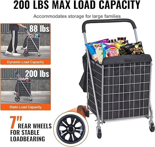 VEVOR Folding Shopping Cart, 200 lbs Static Load Capacity, Grocery Utility Cart with Rolling Swivel Wheels and Bag, Heavy Duty Foldable Laundry Basket Trolley Compact Lightweight Collapsible, Silver