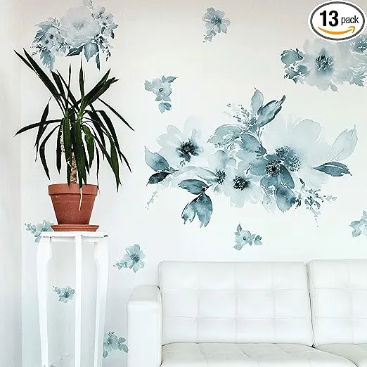 RoomMates RMK4708GM Watercolor Floral Peel and Stick Wall Decals , Blue