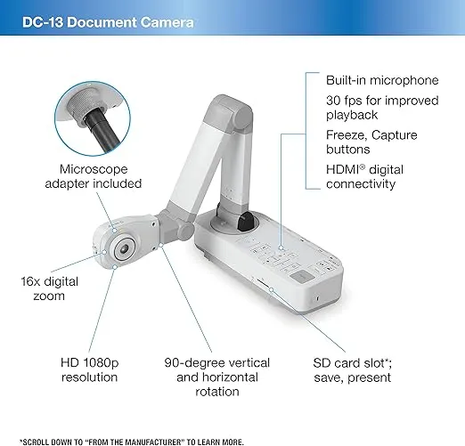 Epson DC-13 High-Definition Document Camera with HDMI, 16x Digital Zoom and 1080p Resolution,White