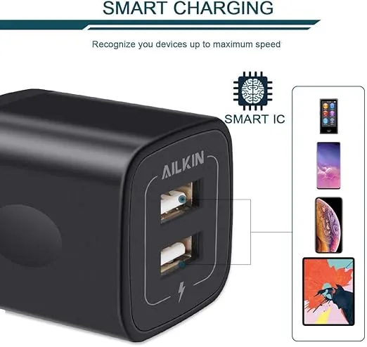 USB Wall Charger, AILKIN 2.1A Dual Port USB Wall Charger Adapter Plug Fast Charging Cube Power Box ac 5v Block for iPhone 14/13/12/SE/X/8/7 Plus, Samsung Galaxy, Google Pixel, LG, Moto, Kindle Fire HD