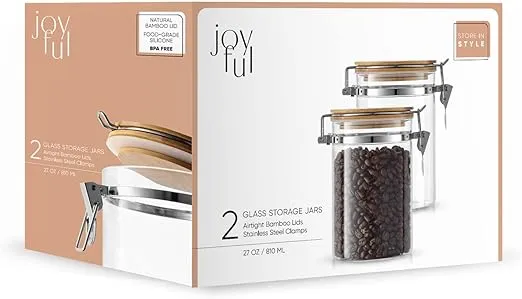 JoyJolt Borosilicate Glass Jars With Bamboo Lids (27oz). 2PC Set of Airtight Storage Jars with Clamp Lids for Pantry Storage. Air Tight Sealable Containers for Kitchen Organization.