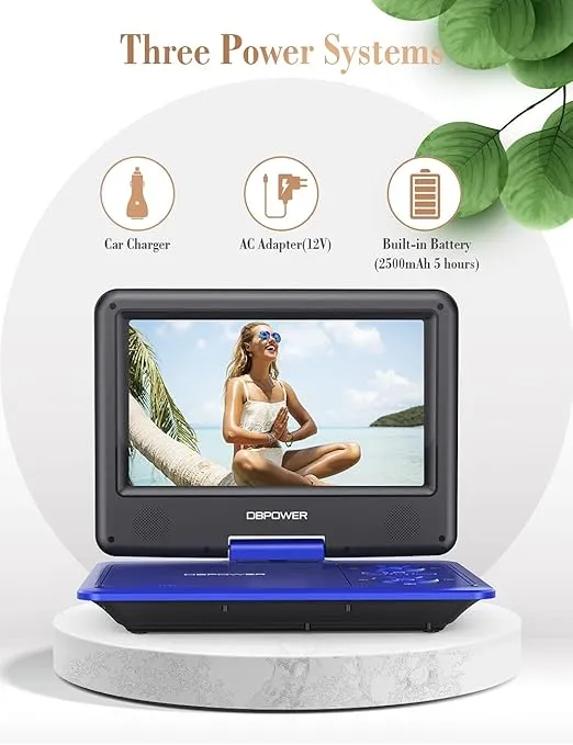 DBPOWER 11.5" Portable DVD Player, 5-Hour Built-in Rechargeable Battery, 9" Swivel Screen, Support CD/DVD/SD Card/USB, with Remote Control, 1.8M Car Charger, Power Adaptor and Car Headrest (Blue)