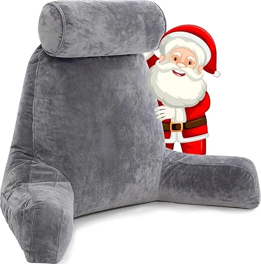 Husband Pillow XXL Reading Pillow for Bed Backrest with Arms - Dark Grey - Adult - Shredded Memory Foam, Ultra-Comfy Microplush Cover & Detachable Neck Roll - Unmatched Support Bed Rest Sit Up Pillow