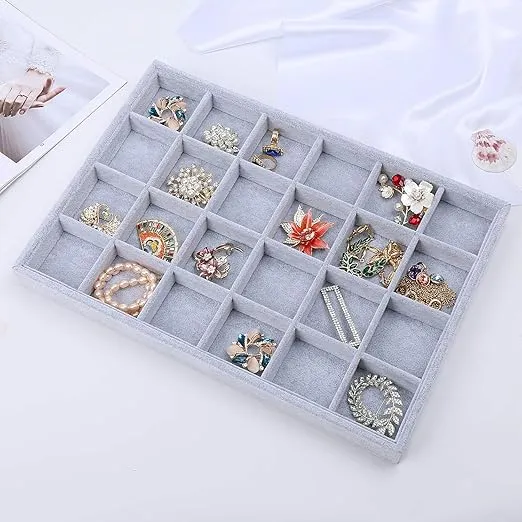 STYLIFING Jewelry Organizer Tray 24 Grids, Jewelry Display Case Stackable Velvet Jewelry Tray Ring Earring Necklace Storage Holder for Girls Women,Grey