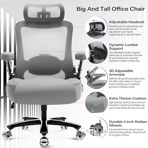 500lbs Big and Tall Office Chair- Heavy Duty Executive Computer Chair with 3D Flip Arms Large Wheels, Ergonomic Mesh High Back Desk Chair, Extra Wide Seat Adjustable Lumbar Support&Headrest