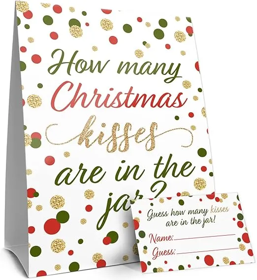 Christmas Party Game, How Many Kisses - Standing Sign and 30 Cards