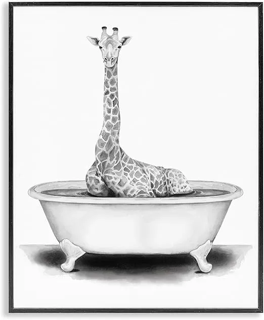 Stupell Industries Giraffe In A Tub Funny Animal Bathroom Drawing, Design by Rachel Neiman Wall Art, 11 x 14, Black Framed