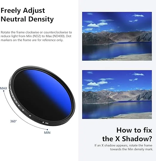 NEEWER Variable ND Filter 52 mm ND2-ND400 (1-9 Stops), Neutral Density Filter, Multi-Layer Coating, Water and Scratch Resistant